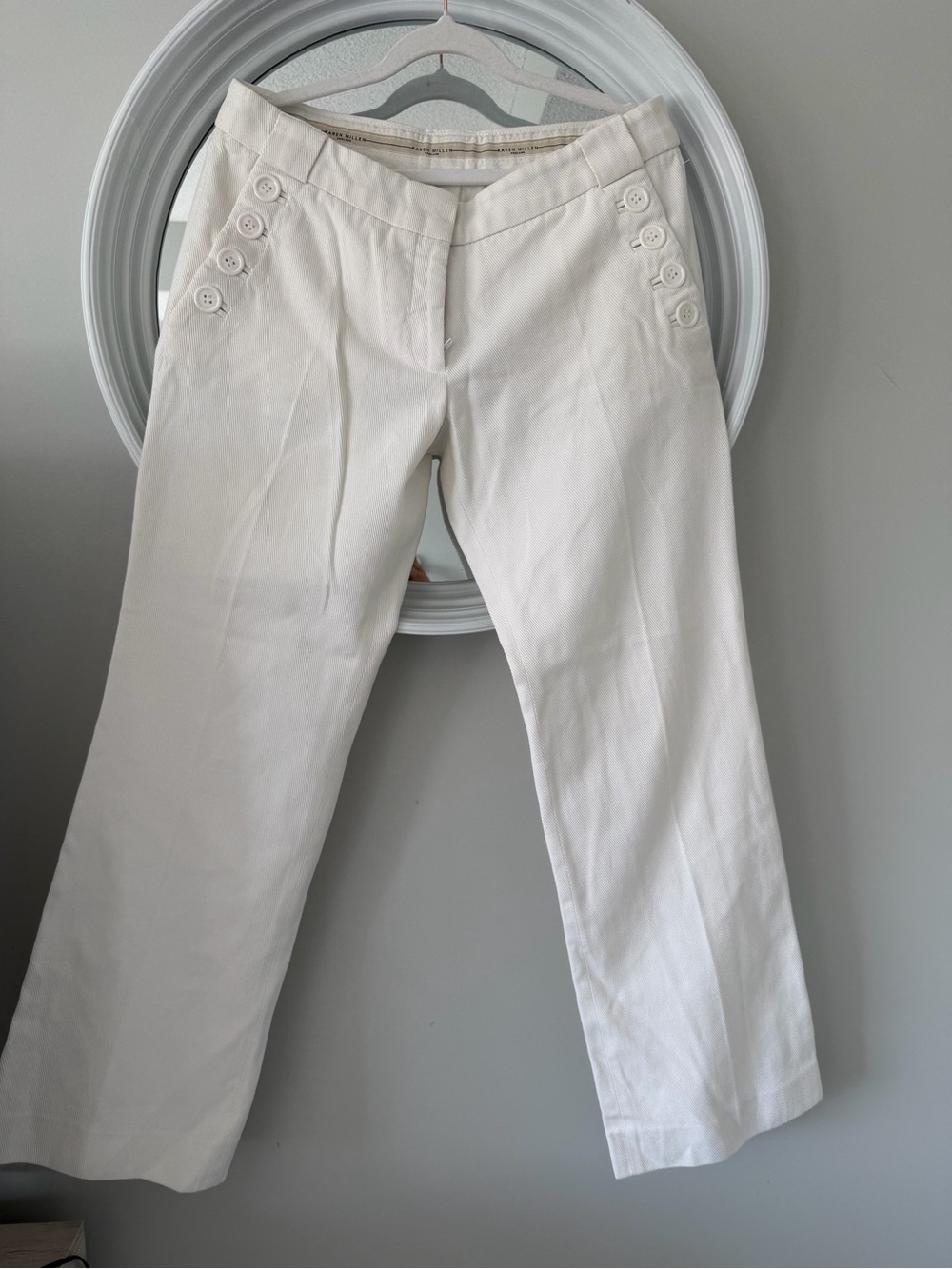 Karen Millen Ivory Cotton Tailored Sailor Button Detail Mid Rise Trousers